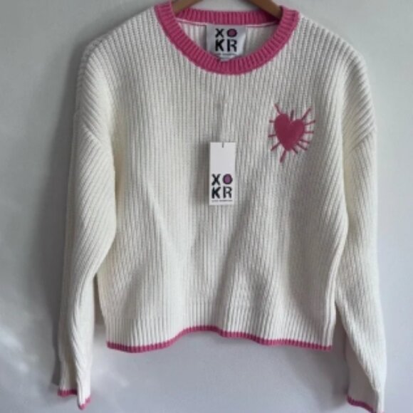 - Kerri Rosenthal Ribbed White & Pink Trim Heart Crew Neck Sweater - Picture 1 of 7